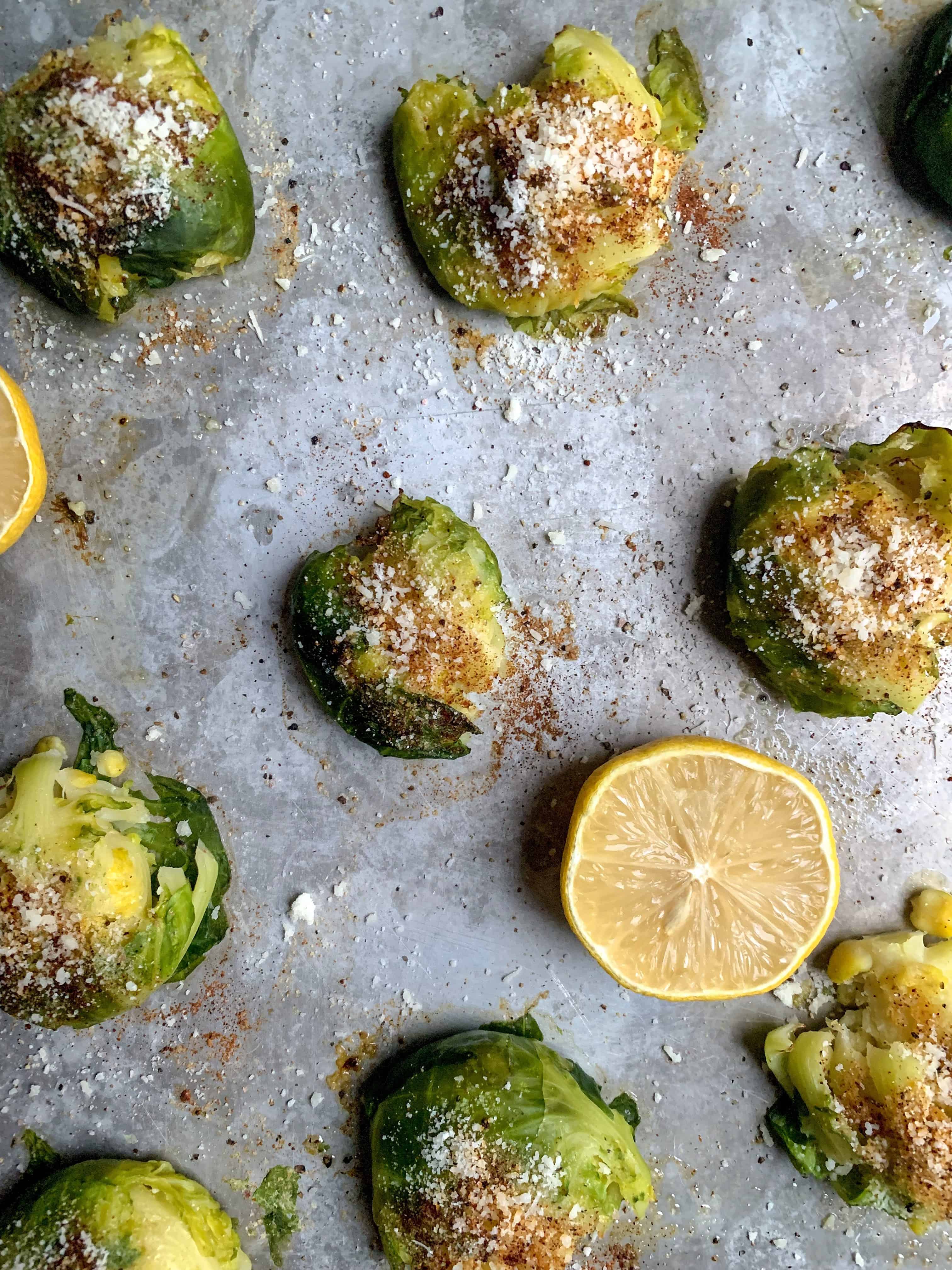 close up picture of roasted brussels sprouts on sheet pan. 