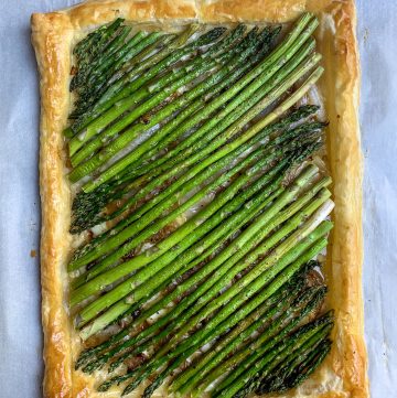 aerial view of asparagus and onion tart.