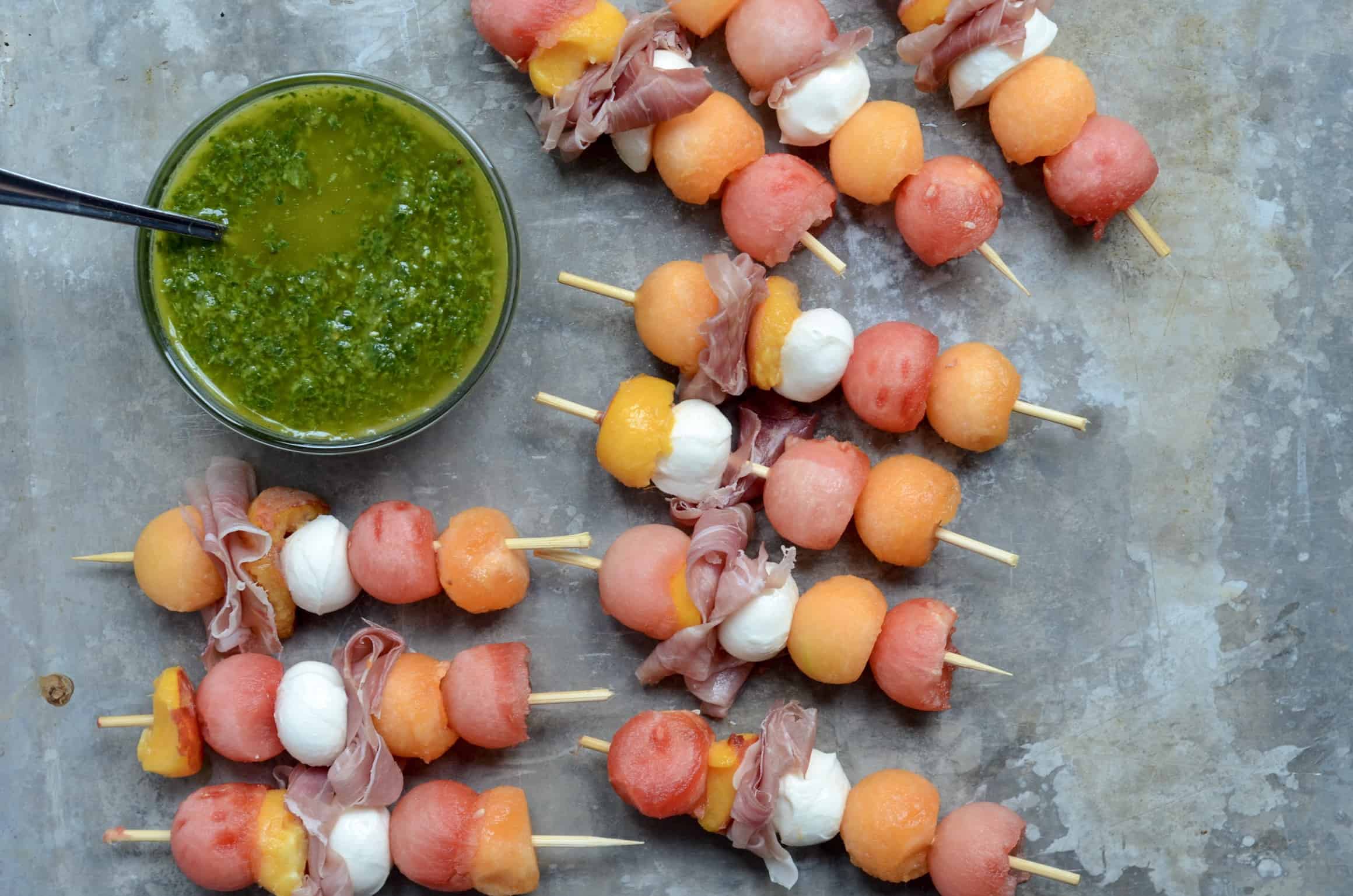 cantaloupe and watermelon skewers with basil vinaigrette