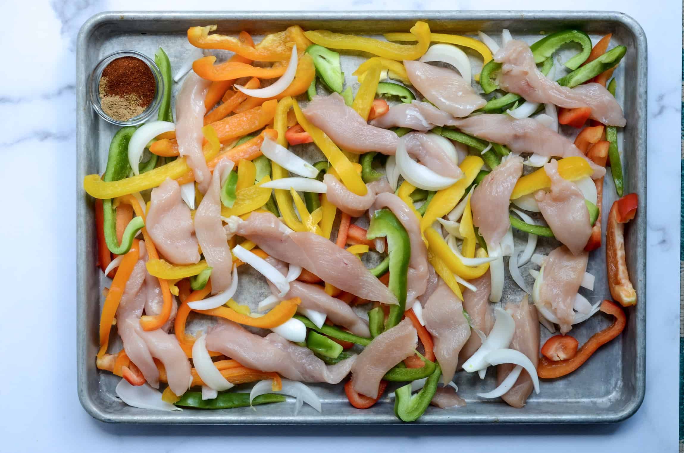 aerial view of easy sheet pan chicken fajitas