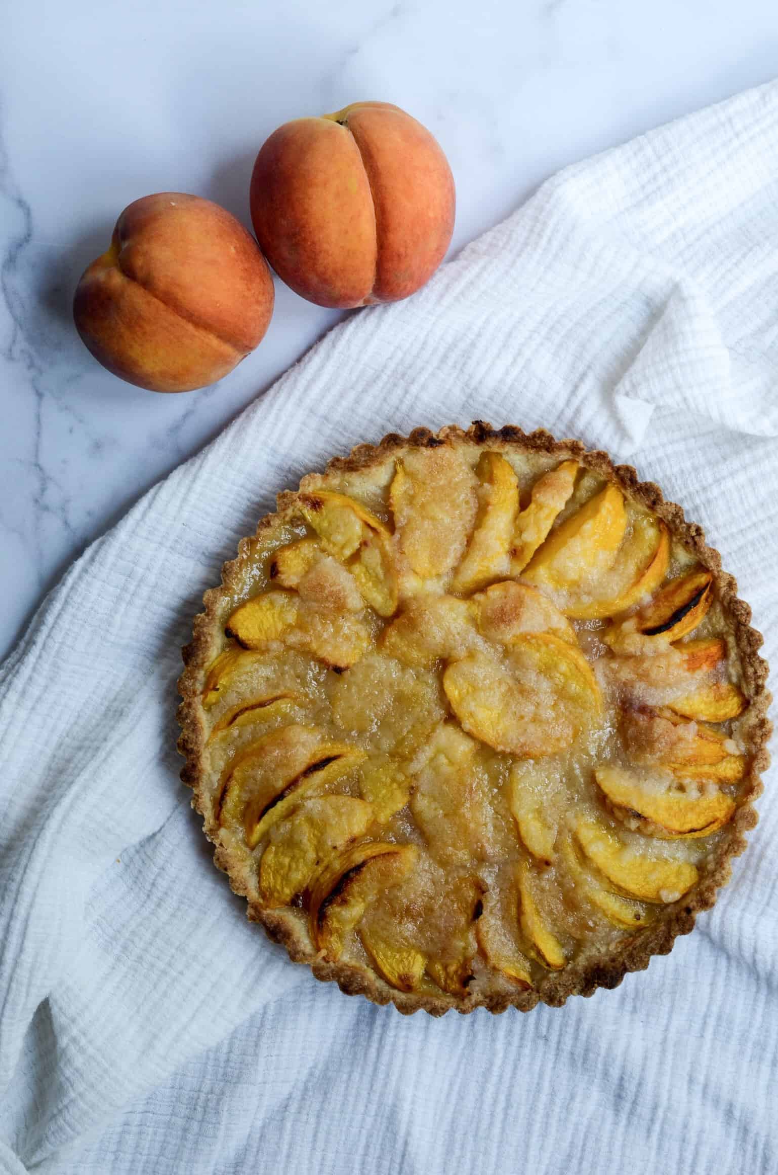 peach tart on table