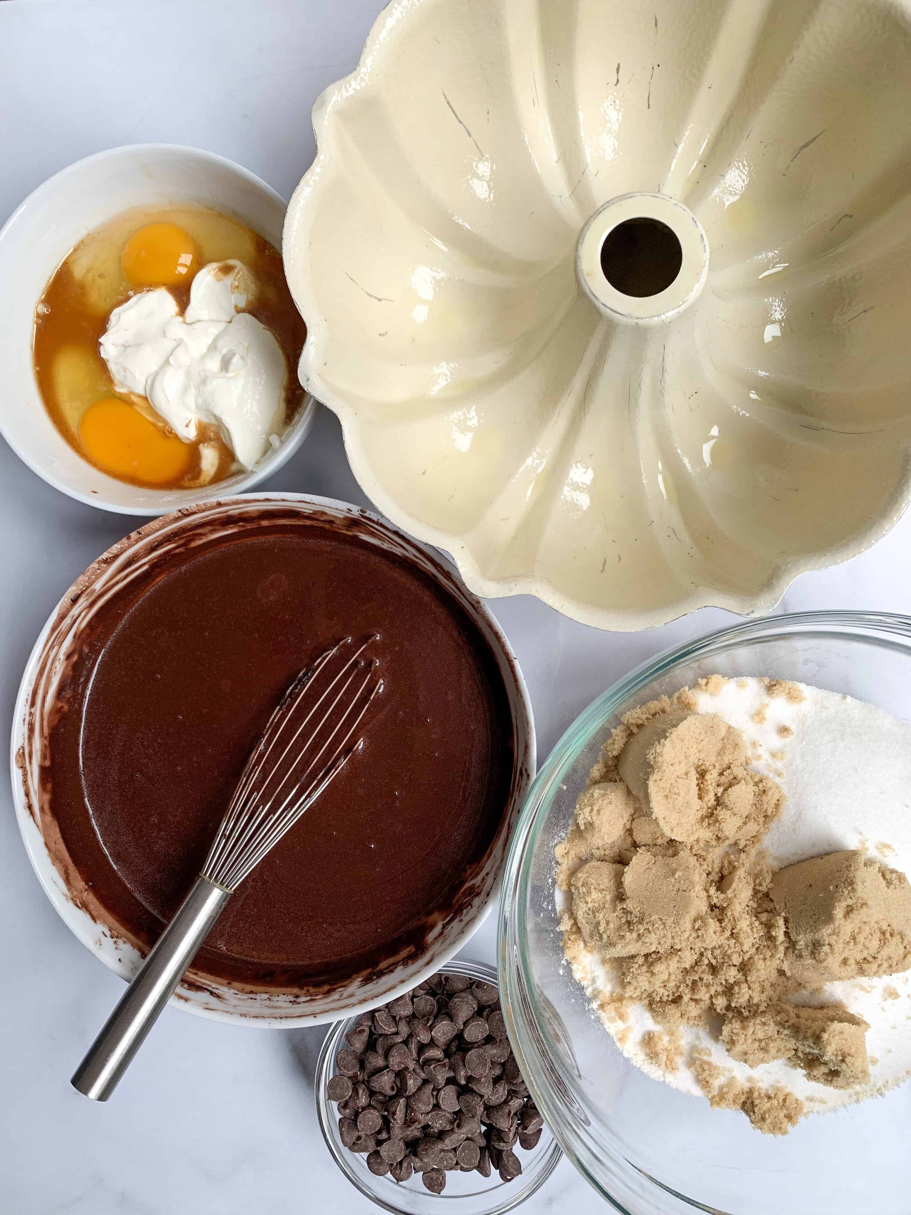 ingredients to make chocolate bundt cake
