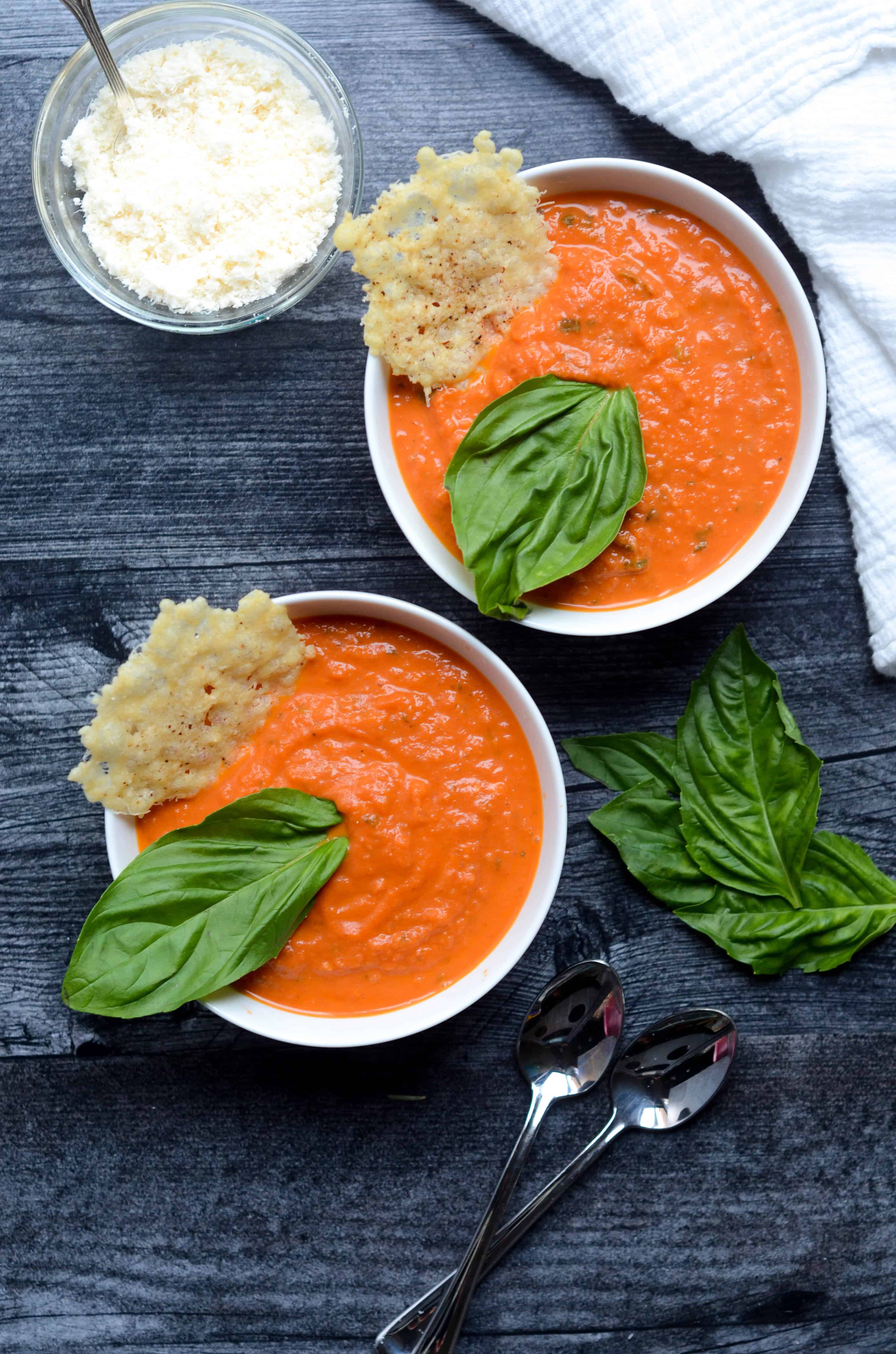 Creamy Tomato Basil Soup with Parmesan Crisps Worn Slap Out