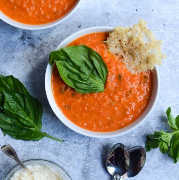 creamy tomato basil soup is healthy and can be made in 30 minutes.