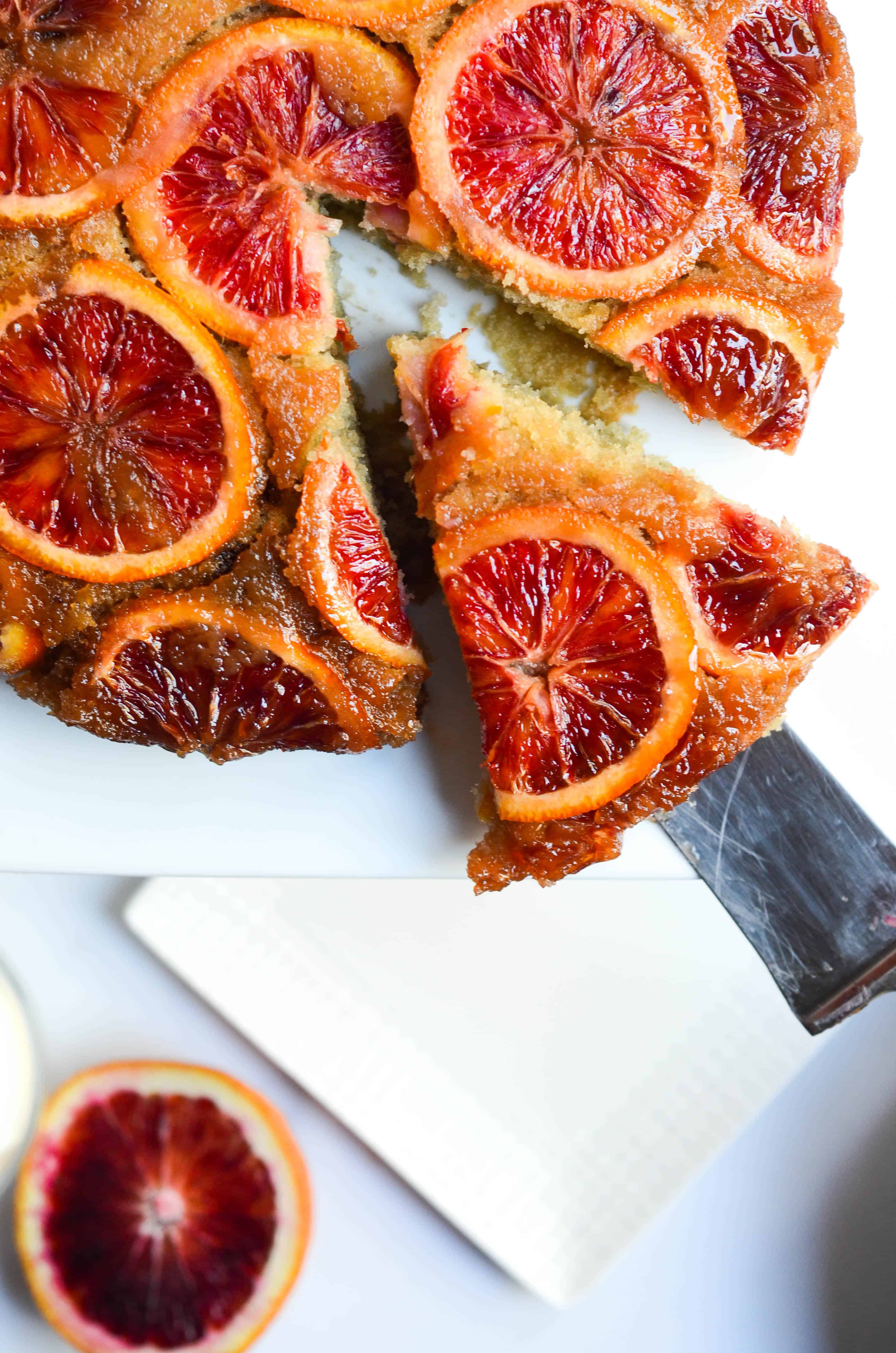 slice of blood orange upside down cake