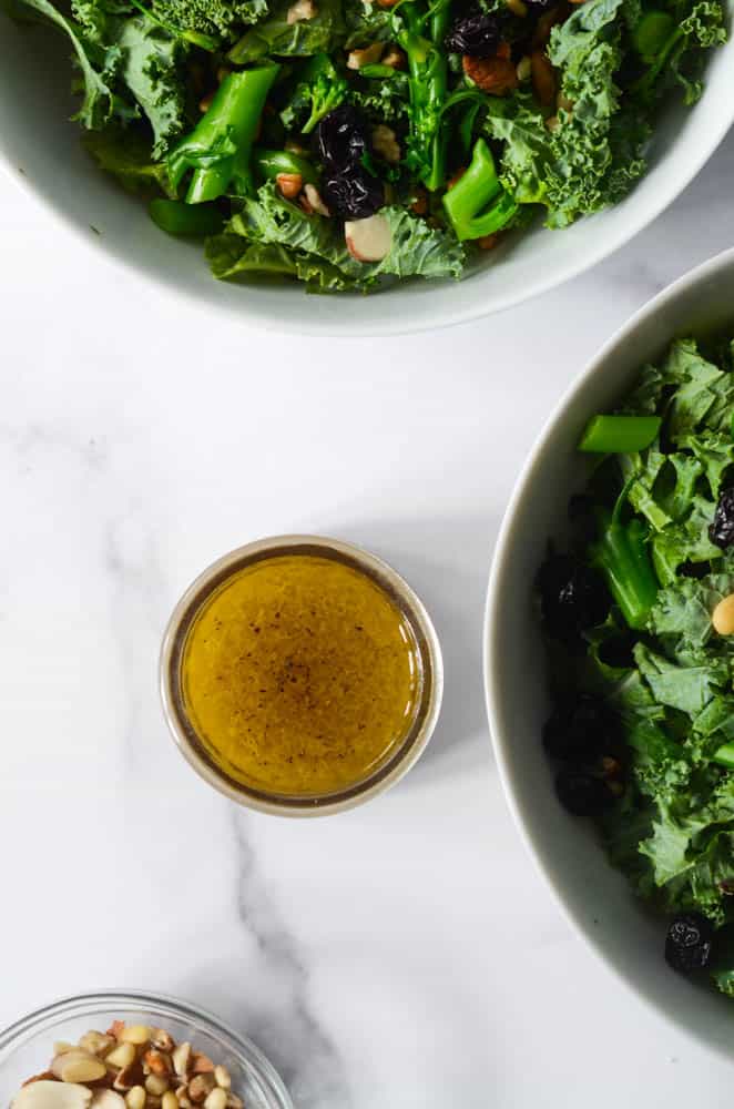 aerial view of small jar of maple vinaigrette