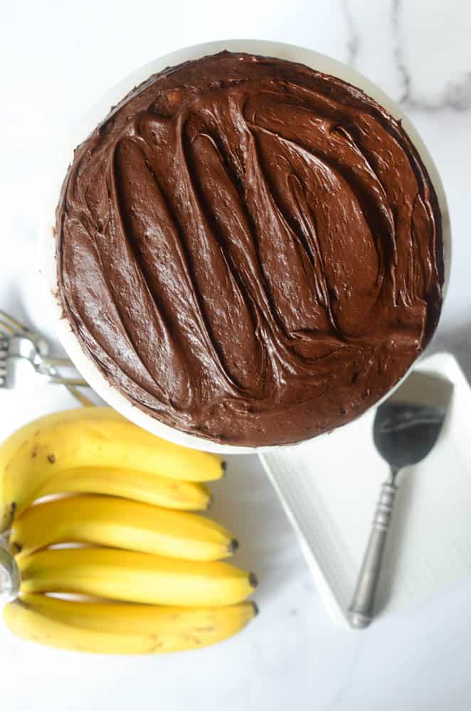 aerial shot of the chocolate frosting on top of cake