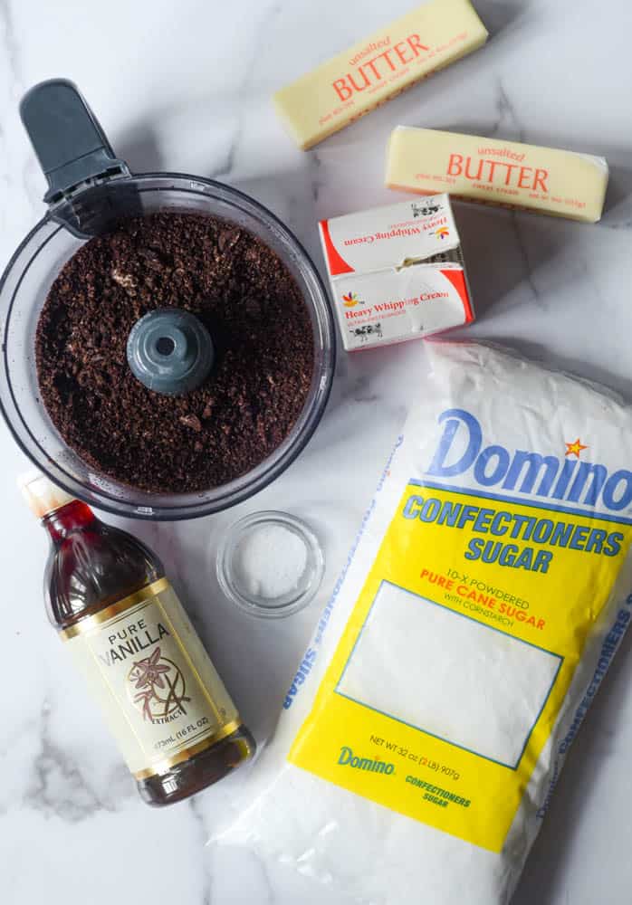 aerial photo of ingredients needed for oreo frosting