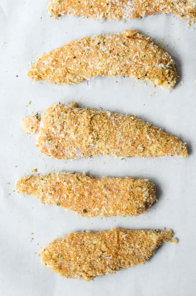 aerial shot of chicken tenders before going in the oven 