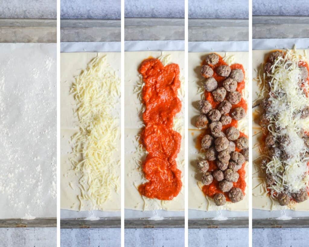 5 part picture collage showing flour lined parchment paper, mozzarella cheese being added, marinara, meatballs, then more cheese on puff pastry.