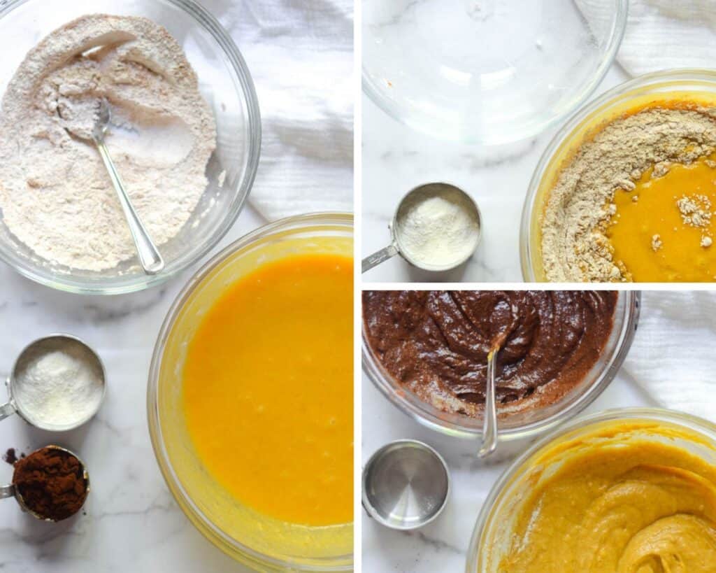 3 picture collage showing 1. mixing dry and wet ingredients, 2. combine dry into wet ingredients and 3. separating batter and adding cocoa to one and flour to the other.