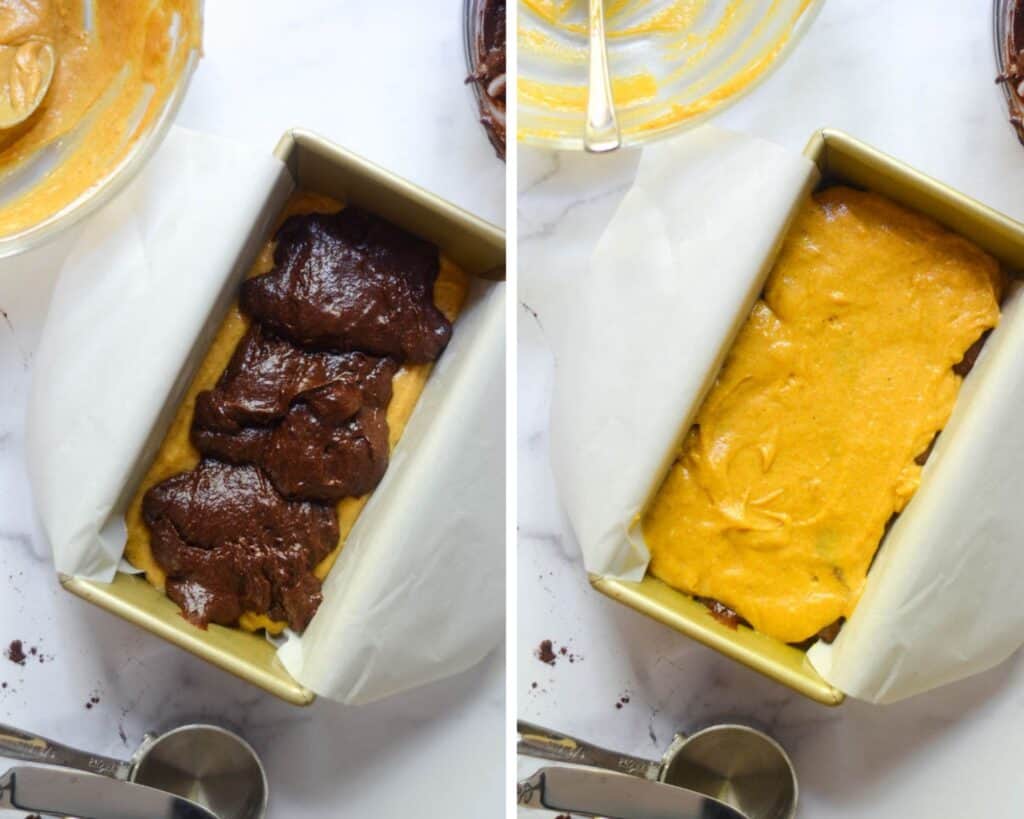 two picture collage showing layer of pumpkin then chocolate batter in the first pic and the final layer of pumpkin before swirling in the second.