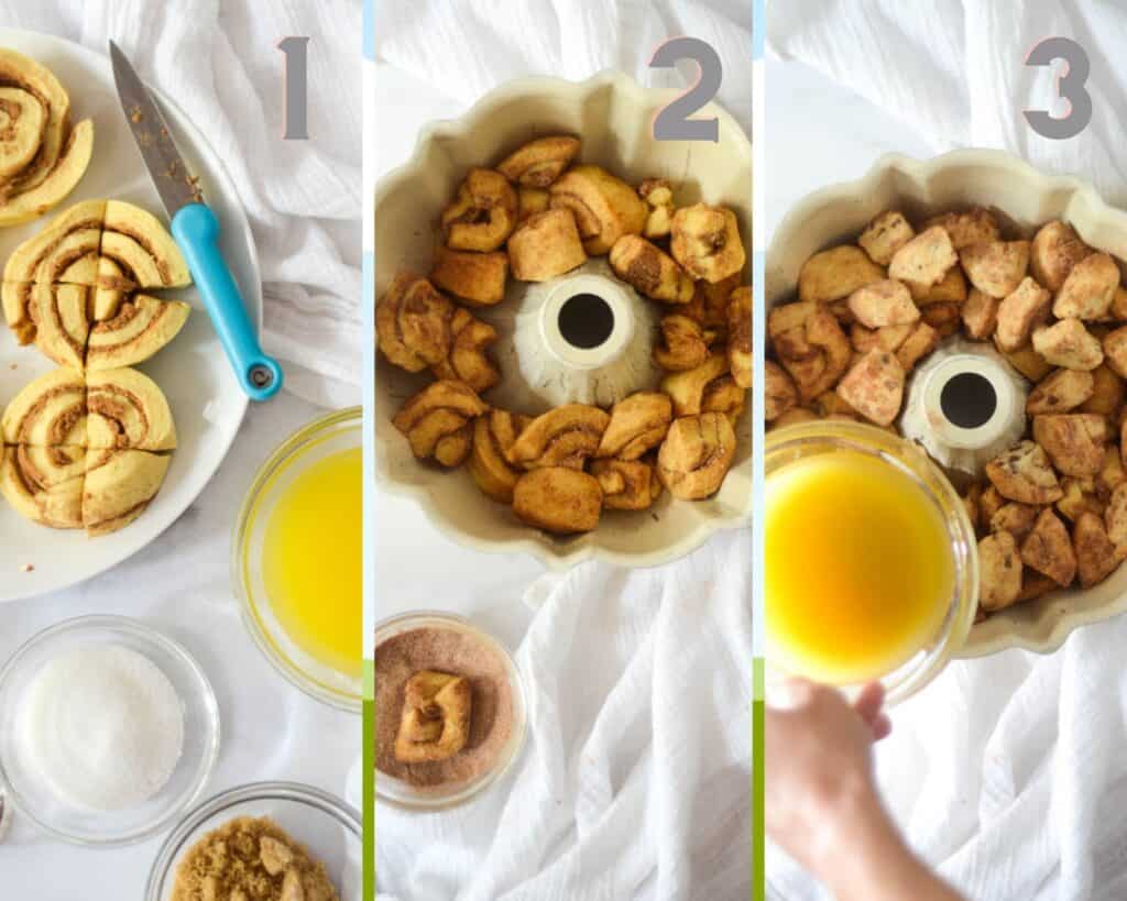 3 pic collage showing how to make monkey bread. collage shows cinnamon rolls getting quartered, then rolled in sugar, then butter poured over. 