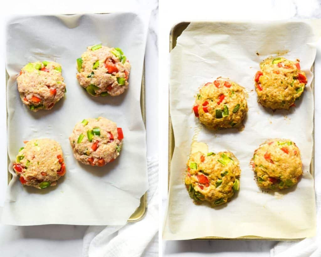 two picture of collage of 4 uncooked chicken patties on baking tray on the left and the same tray baked on the right. 