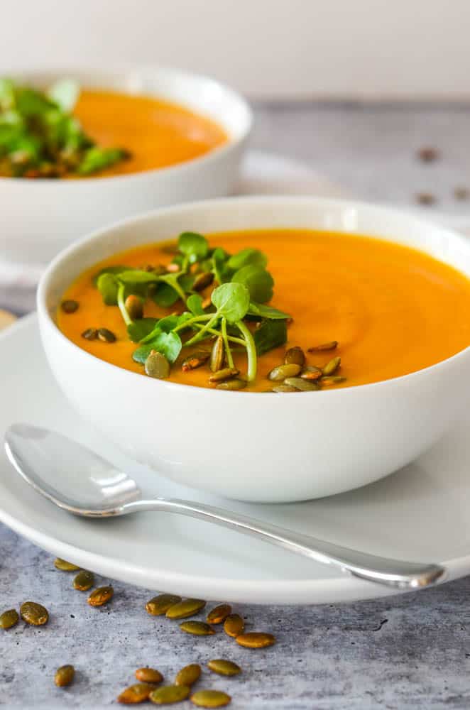 close up picture of one bowl of soup with another white bowl in the background. 