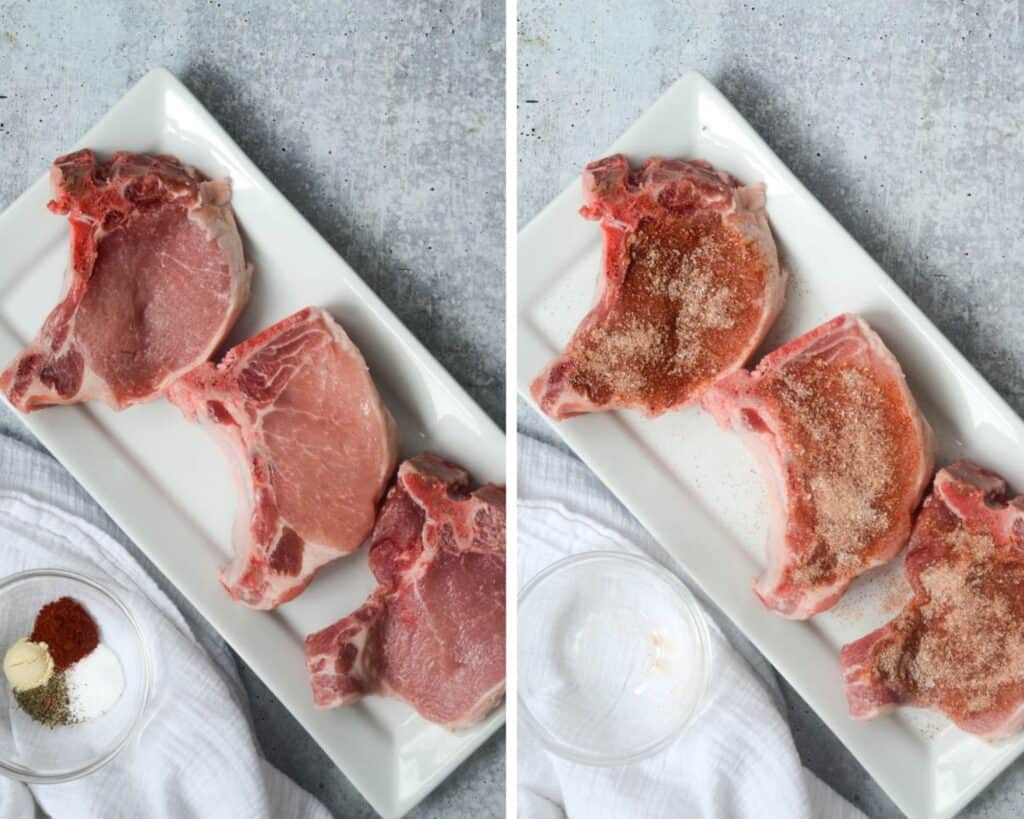 two part collage showing 3 pork chops on a tray before and after seasoning is placed on them. 