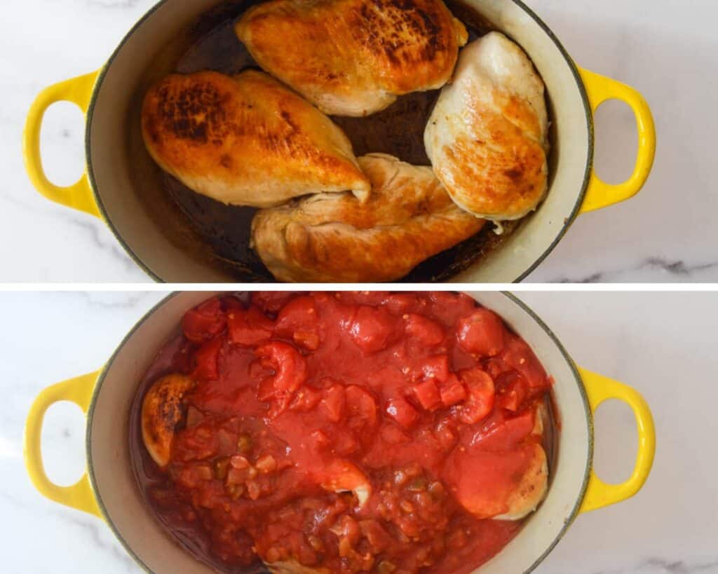 two part collage with top half showing 4 chicken breasts searing in Dutch oven and second part showing the addition of tomatoes and salsa. 