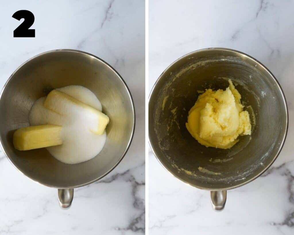 two part collage showing the second step in the cookie making process: creaming butter and sugar together until light and fluffy. 