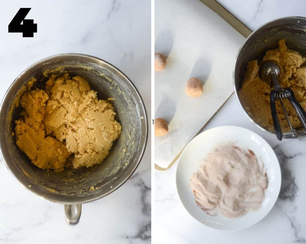 two picture collage with first frame having mixing bowl with dough in it and the second showing some of dough rolled into balls onto cookie sheet.