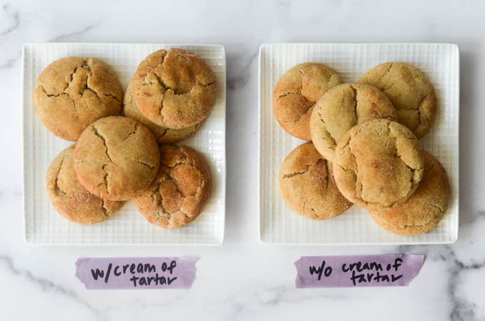 picture showing two plates of cookies -- the first one using cream of tartar and the second plate of cookies using a cream of tartar substitute. 