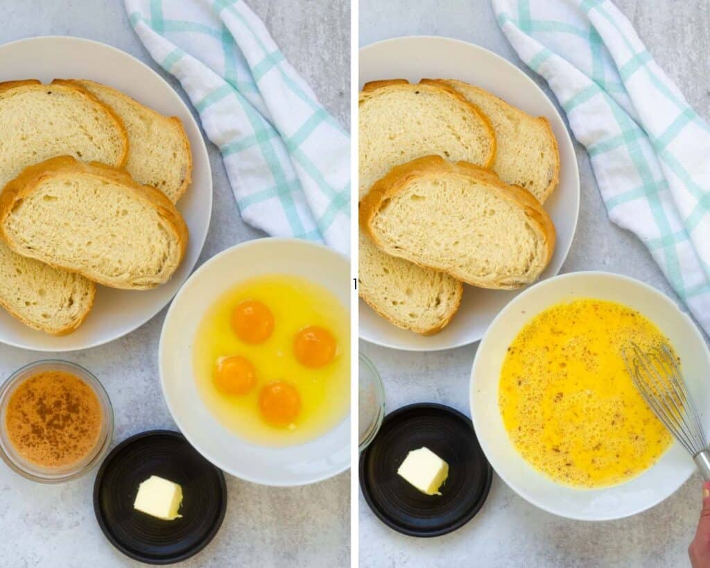 two picture collage showing all of the ingredients needed to make french toast (first picture) and egg mixture whisked together (second picture).