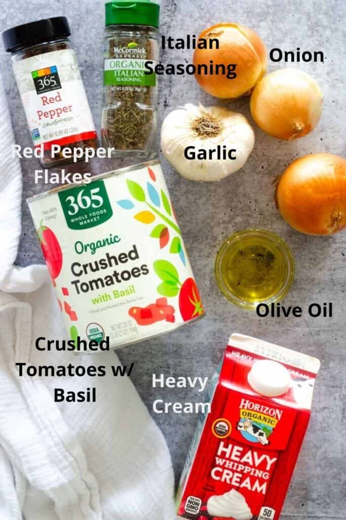 all ingredients needed for rose sauce with text labels.