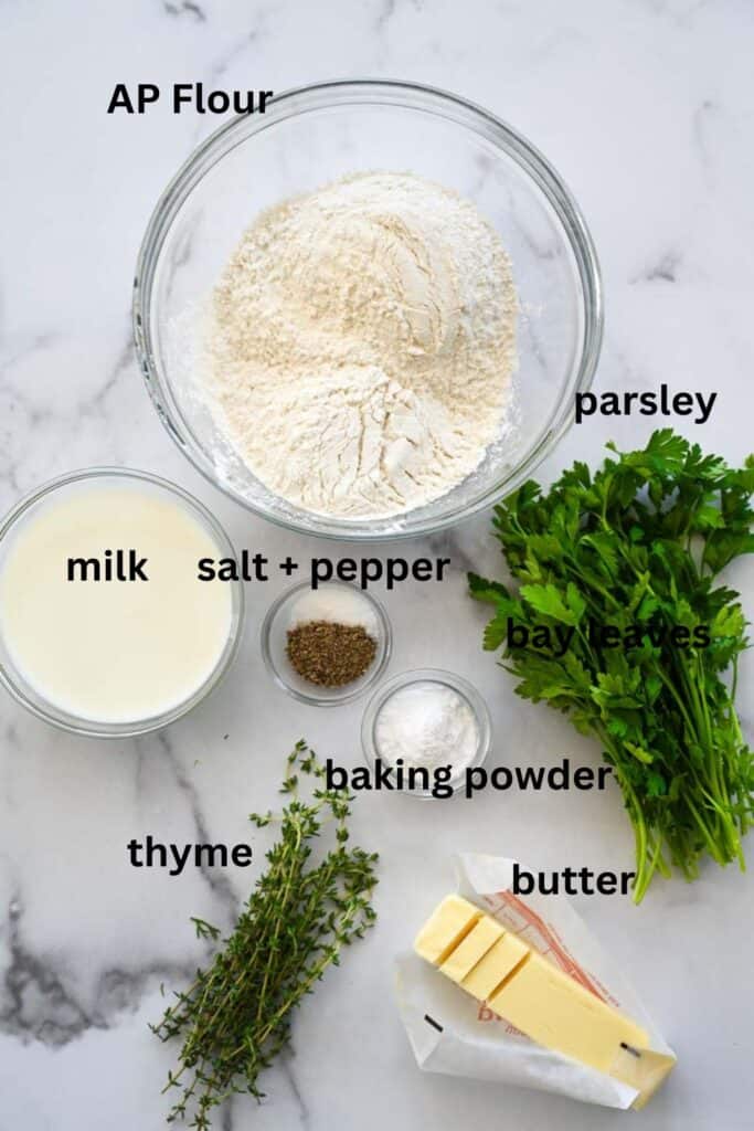 collage of ingredients needed to make homemade dumplings.