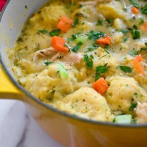 large yellow dutch oven with chicken and dumplings topped with fresh parsley.