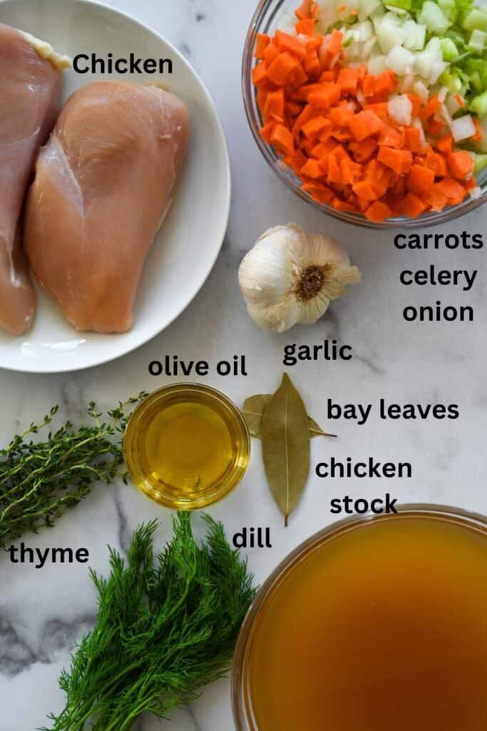 flatlay picture of all of the ingredients needed to make dutch oven chicken and dumplings.