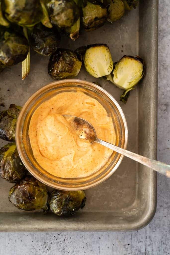 bowl of smoky aioli on a baking tray. 