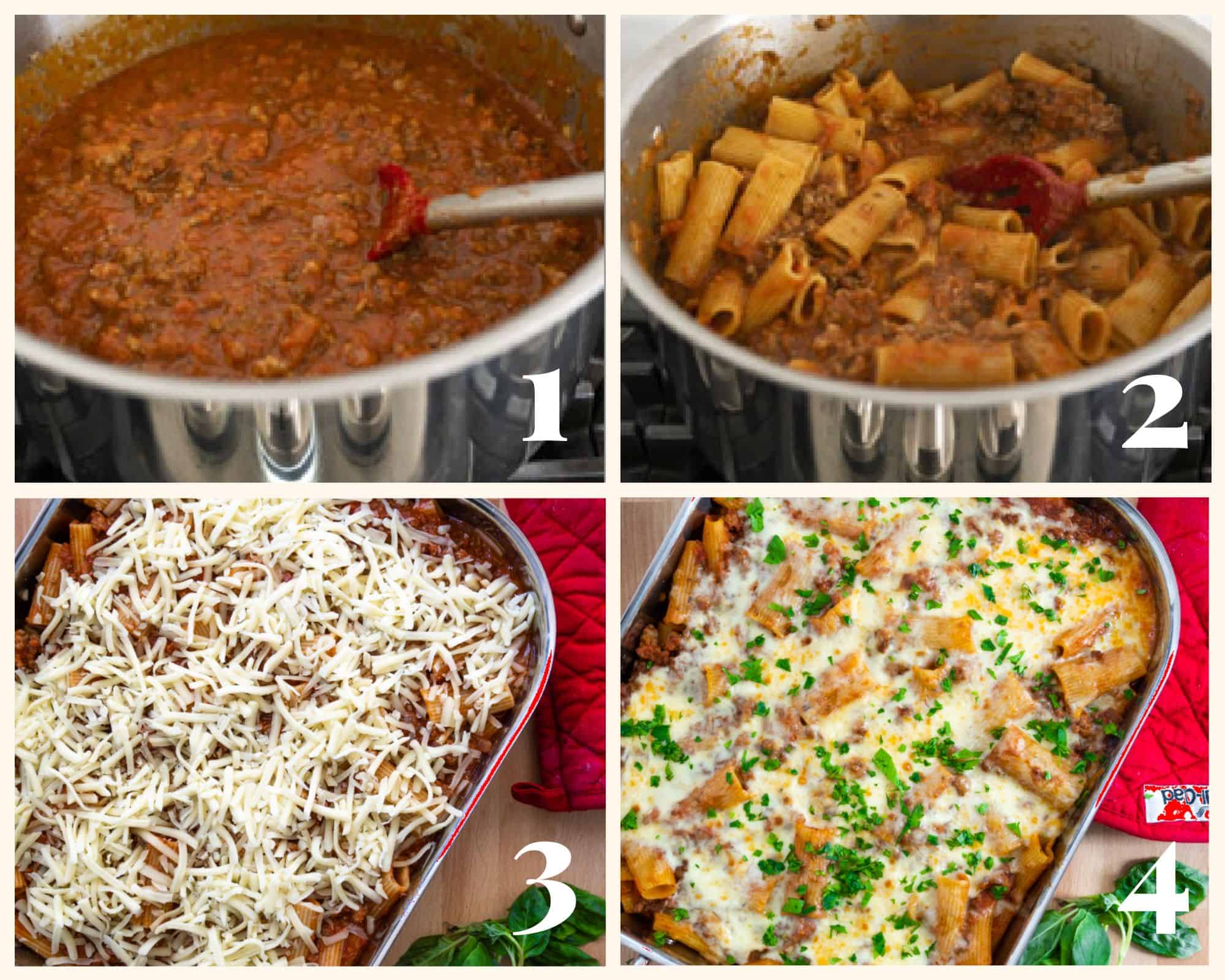 four part collage, first with sauce cooking on the stove, second with the rigatoni added to the sauce, third is with the rigatoni in a baking dish with melted cheese on top, and fourth the rigatoni after it is baked. 