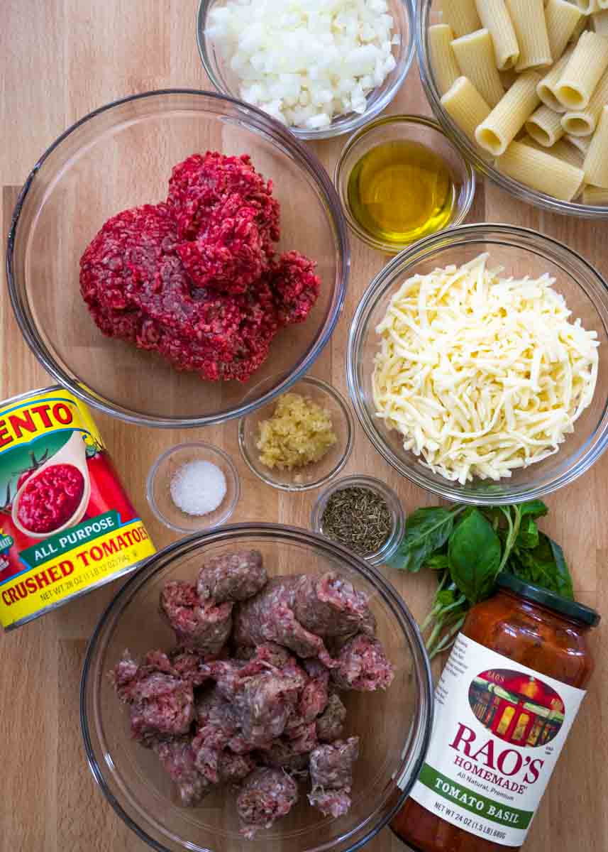 collage of ingredients with everything you need to make rigatoni al forno. 