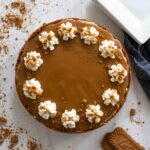 Aerial photo of a whole Biscoff cheesecake garnished with whipped cream and Biscoff cookie crumbles.