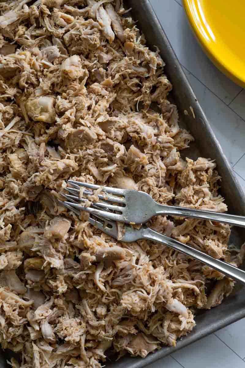 up close picture of pulled chicken on a tray with two forks. 