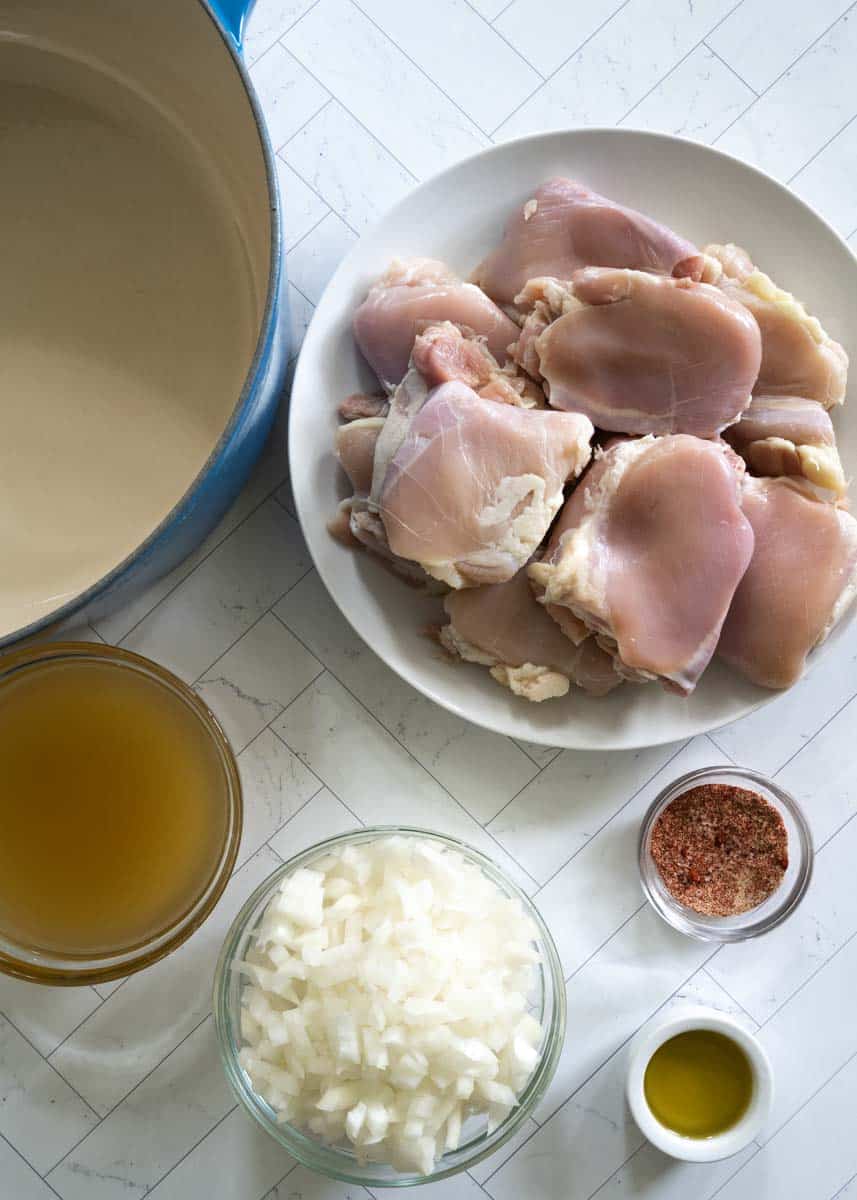 aerial picture of ingredients needed to make pulled chicken: boneless skinless chicken thighs, onions, seasonings, olive oil, and chicken stock. 