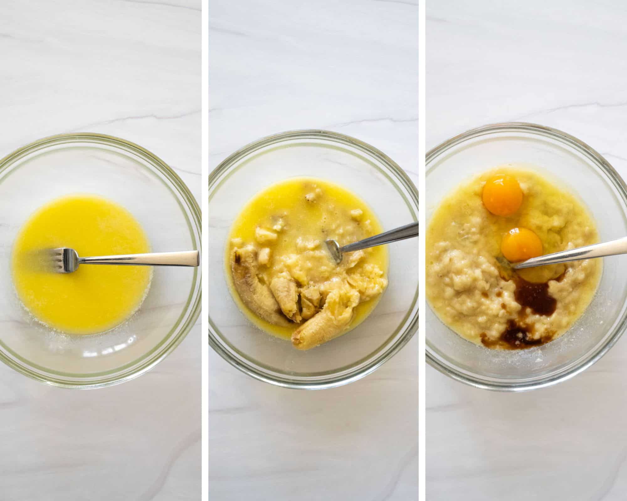 Step-by-step collage with melted butter in a clear bowl in the first, mashed banana in the melted butter in the second, and eggs and vanilla added to the bowl in the third picture. 