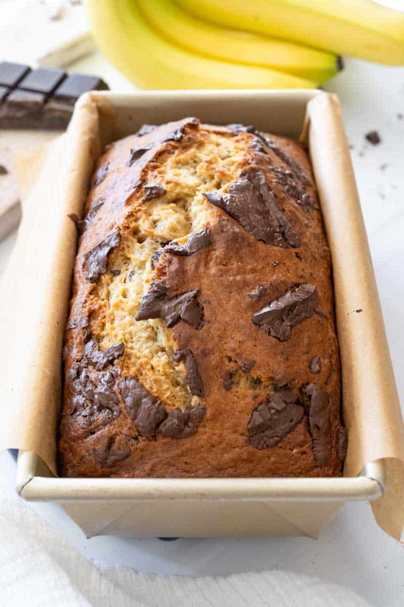 Close up picture of the fresh baked loaf of the dark chocolate banana bread. 