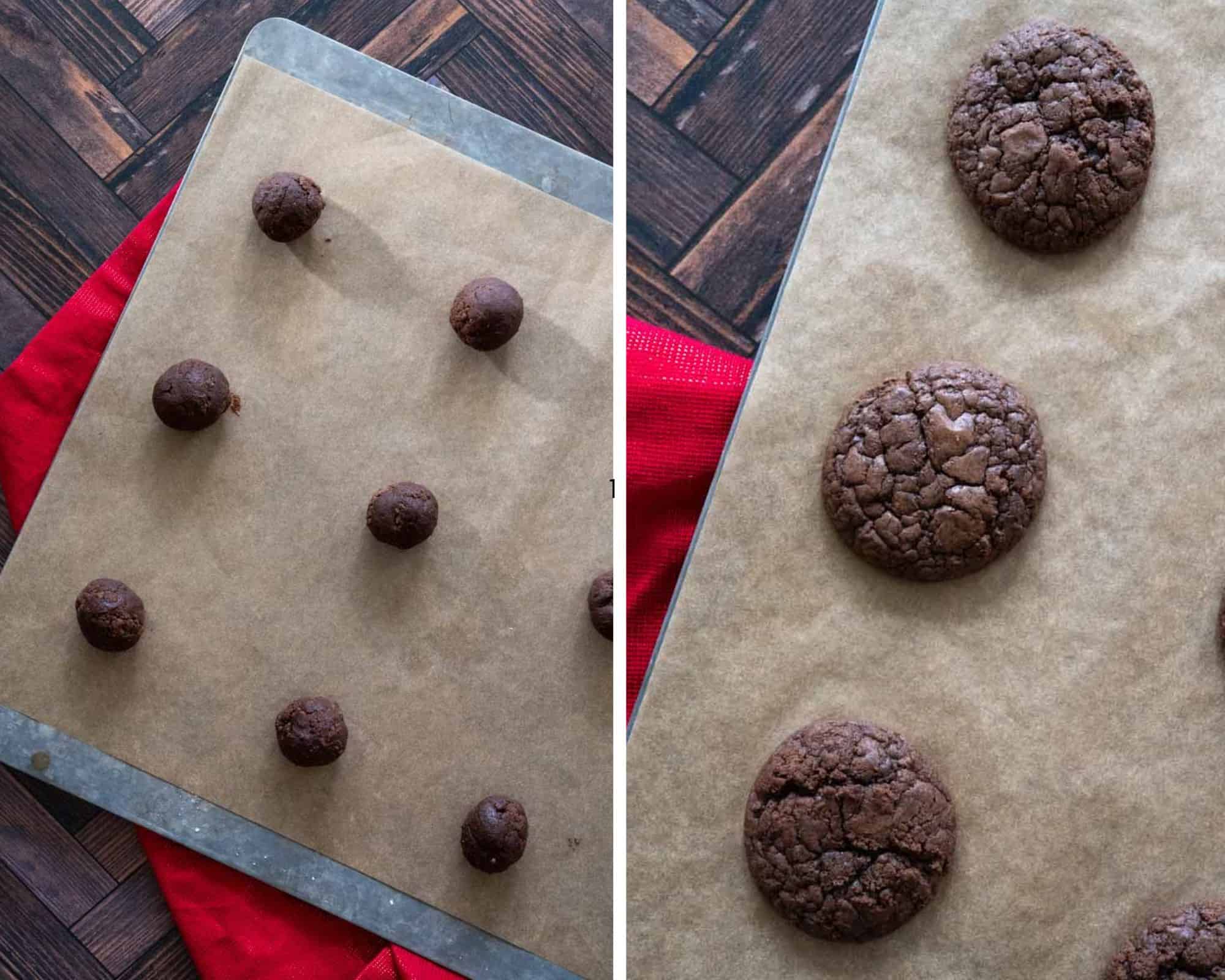 Two part collage showing balls of dough on baking sheet and freshly baked cookies on the right. 