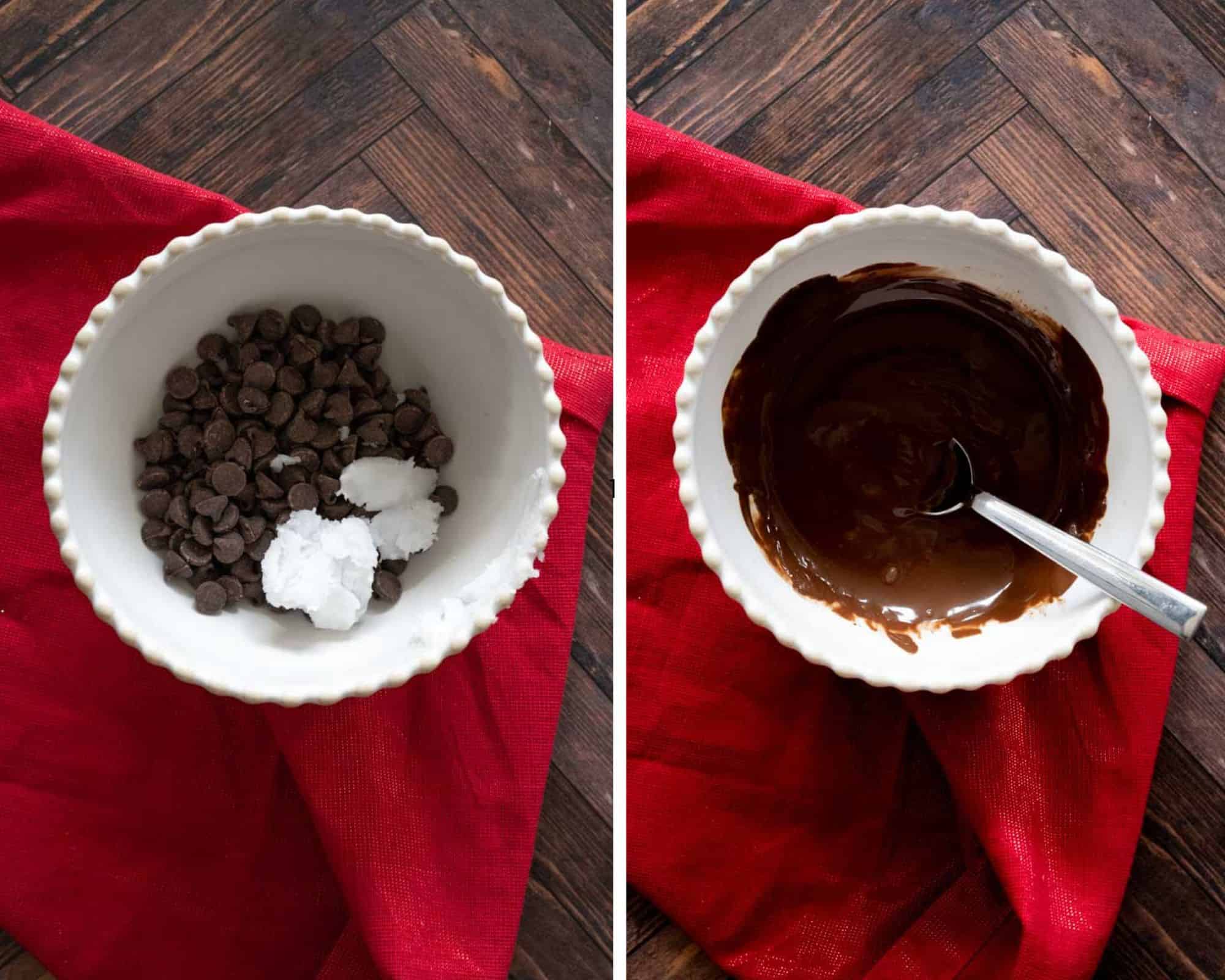 Two part collage showing chocolate chips and coconut oil in a bowl and the second picture showing how it has melted. 