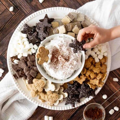 Aerial photo of a large white platter with a white bowl of hot cocoa dip in the middle. The platter is filled with a variety of different cookies.