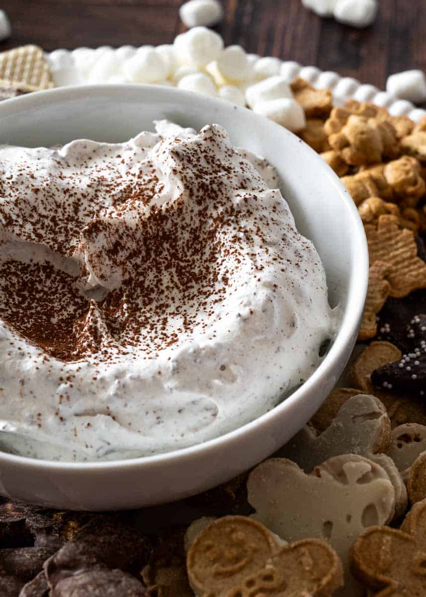 Close up picture of hot cocoa dip in a white bowl dusted with cocoa powder. 