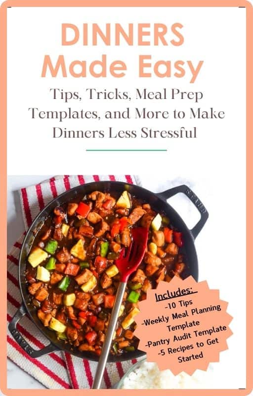 dinner made easy ebook cover with a pan of pineapple chicken on it.