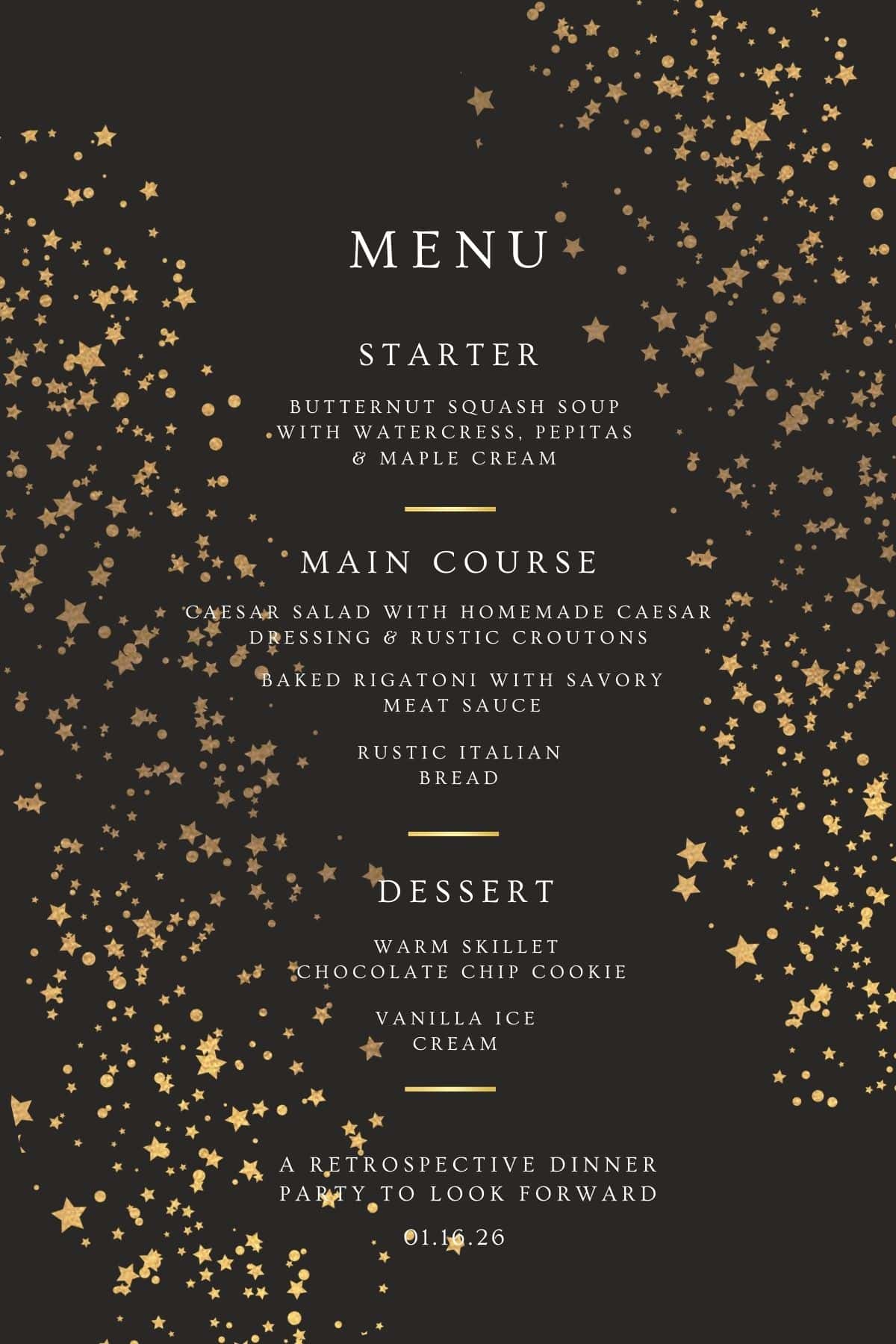 January dinner party menu on a black background with gold stars.