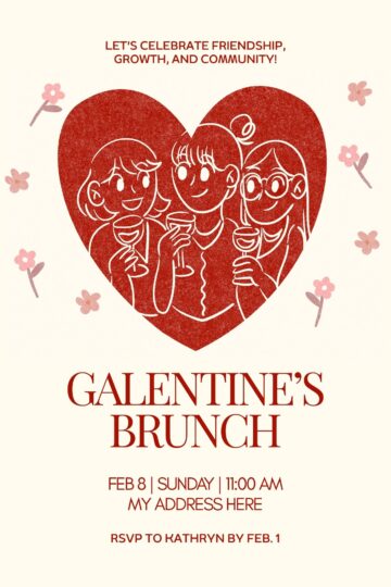 galentine's day brunch invitation on cream paper with three girlfriends in a red heart.