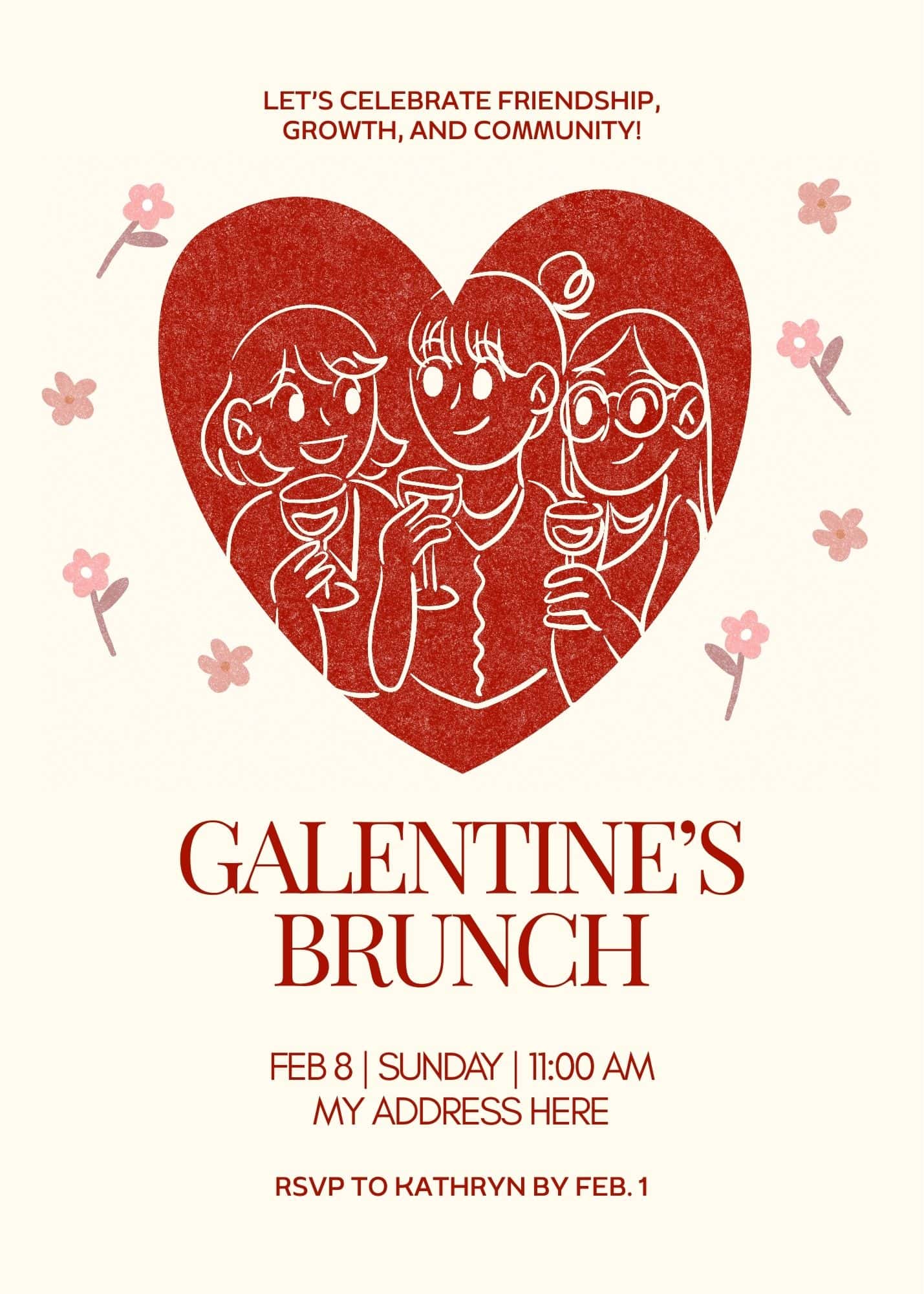 Invitation to the Galentine's Day Brunch with a picture of three girls in a heart.